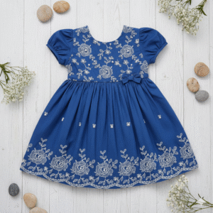 Royal Blue Floral Embroidered Girls Frock